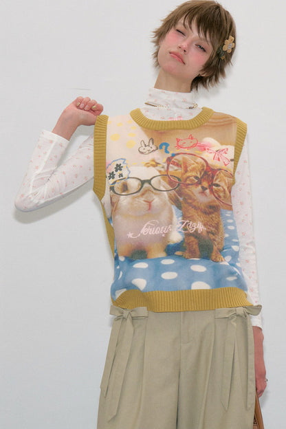 Cat Print Knit Vest