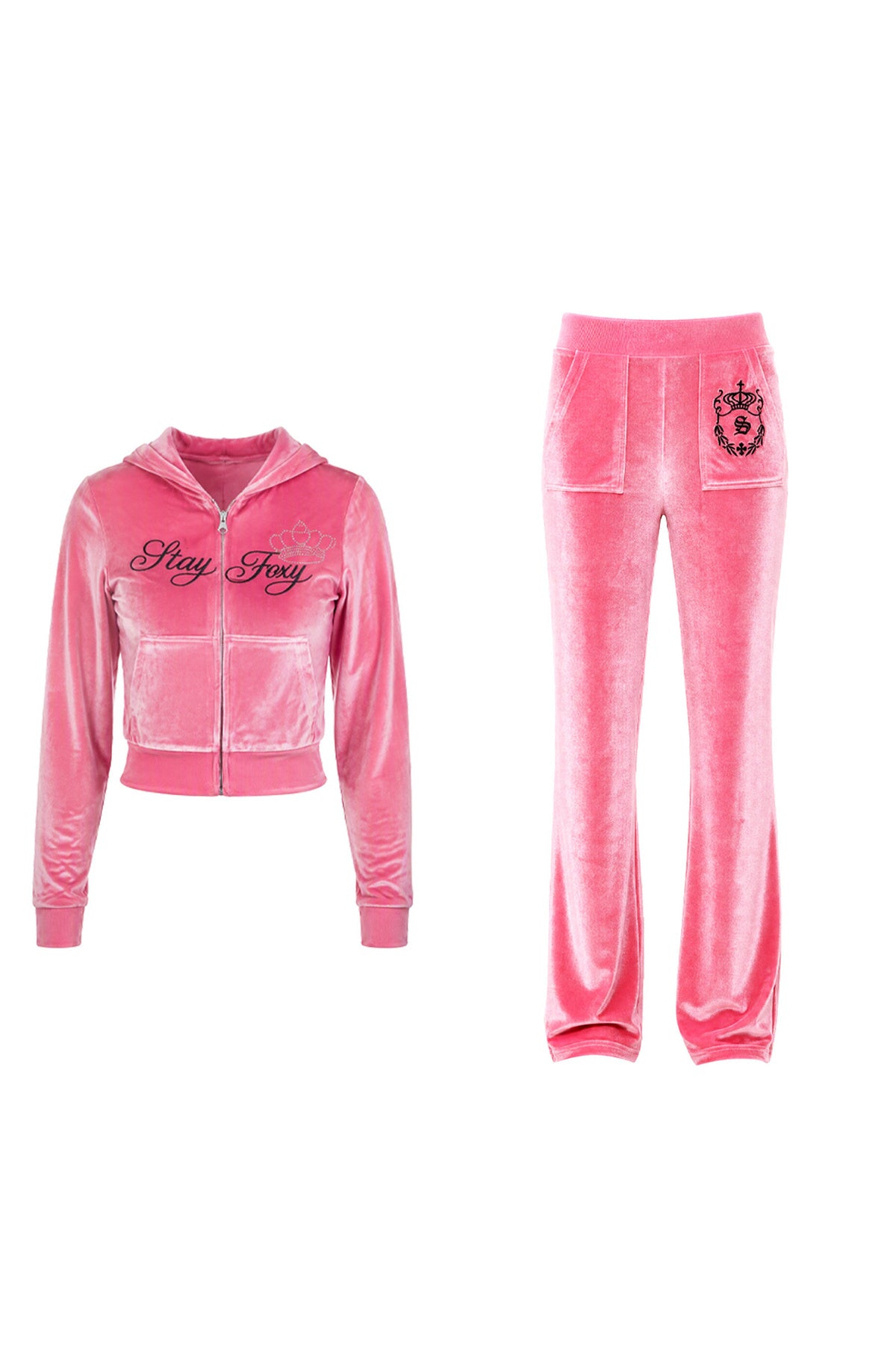Glossy Velvet Hooded Tracksuit Set-Up