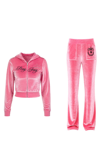 Glossy Velvet Hooded Tracksuit Set-Up