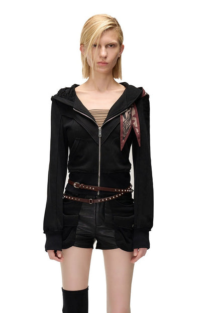 Lagenlook-Schal-Patchwork-Kapuzenjacke im Used-Look aus Sweatshirtstoff