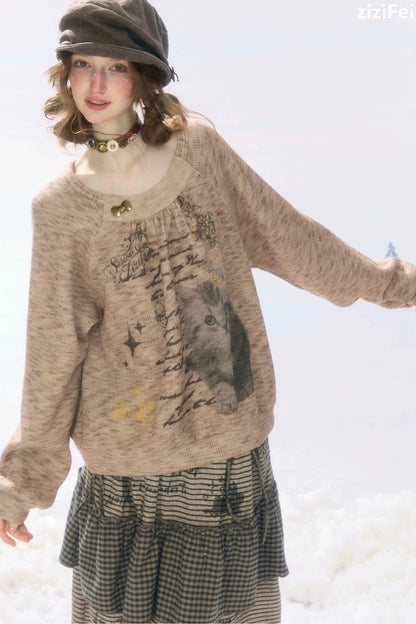 Sweatshirt mit Distressed-Katzenprint