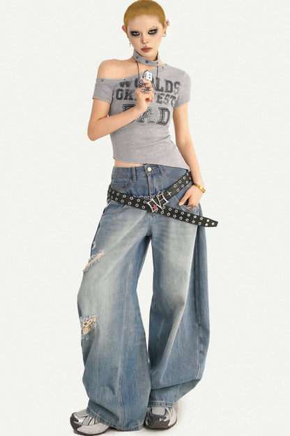 Gray Off-Shoulder Letter Top