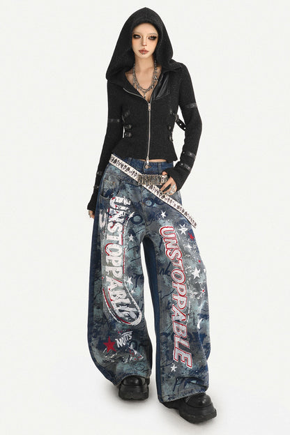 Graffiti Print Wide-Leg Jeans