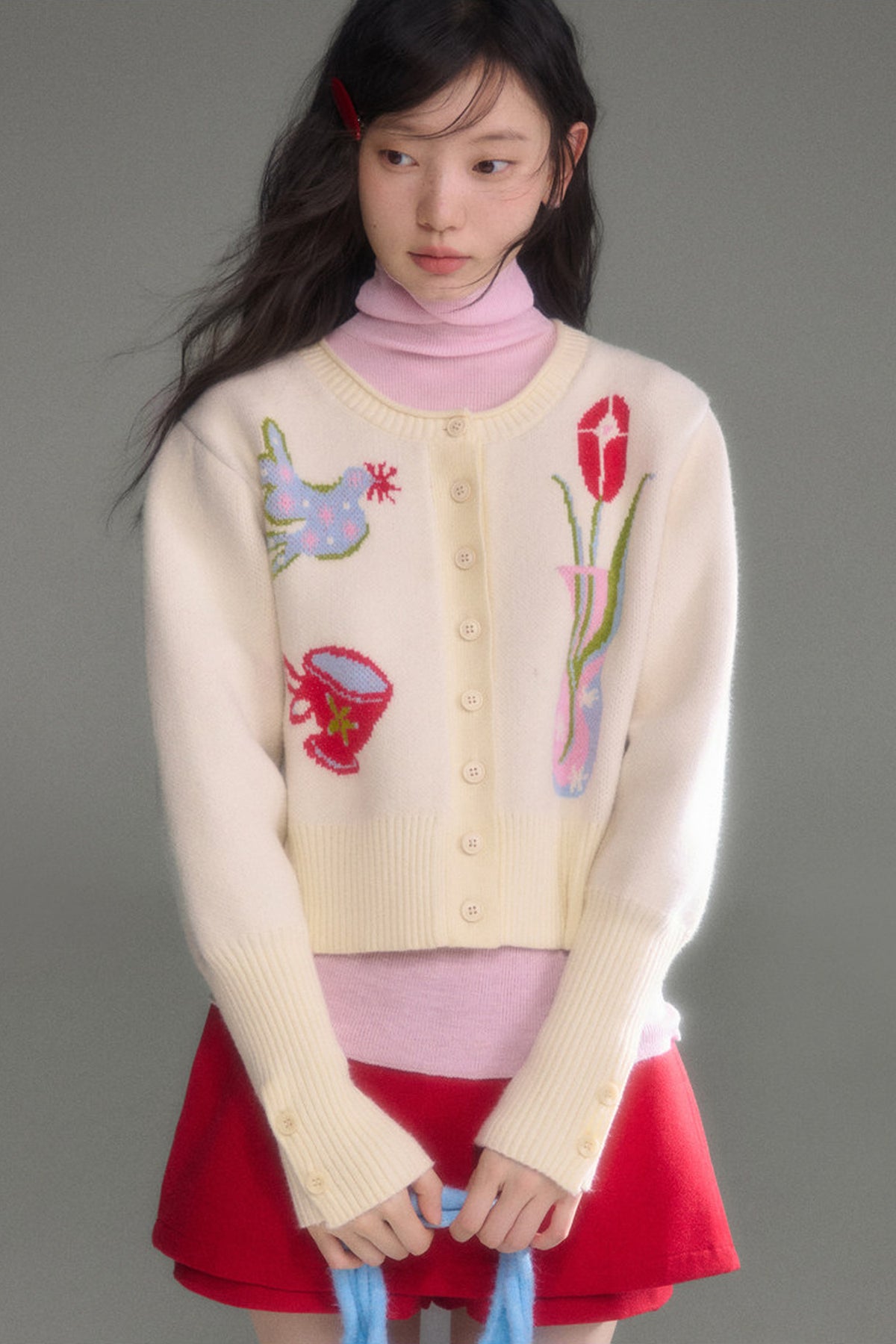 Tulip Bird Jacquard Knit Cardigan
