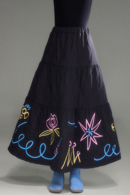 Floral Embroidered Quilted A-Line Tiered Skirt