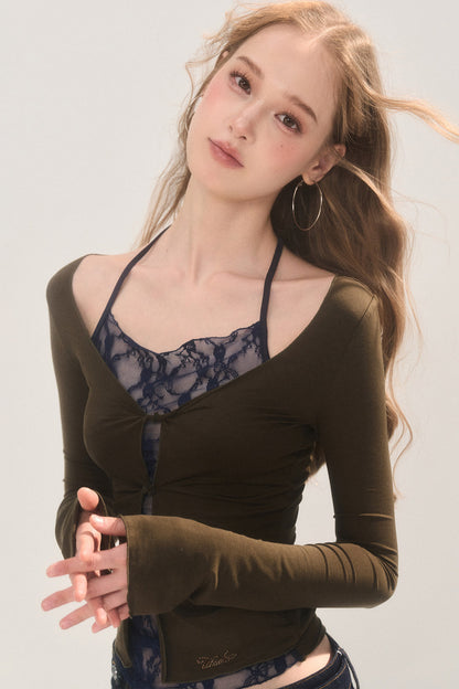 Sheer Lace Spliced Long Sleeve T-Shirt