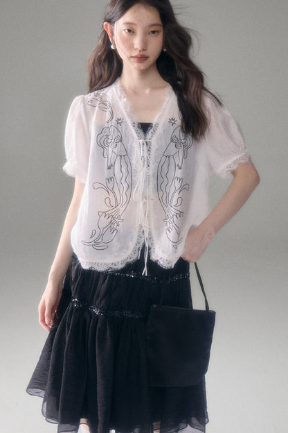 Mermaid Print Tencel Linen Short-Sleeve Shirt