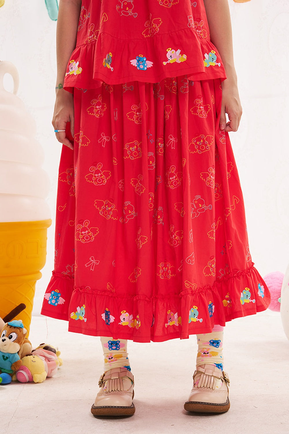 Red Animal Angel Embroidery Skirt