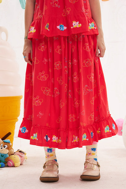 Red Animal Angel Embroidery Skirt