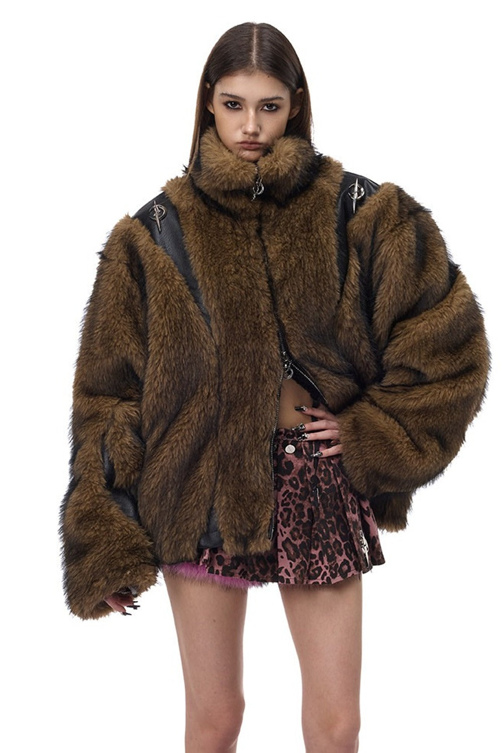 Y2K Leather Spliced Fur Jacket