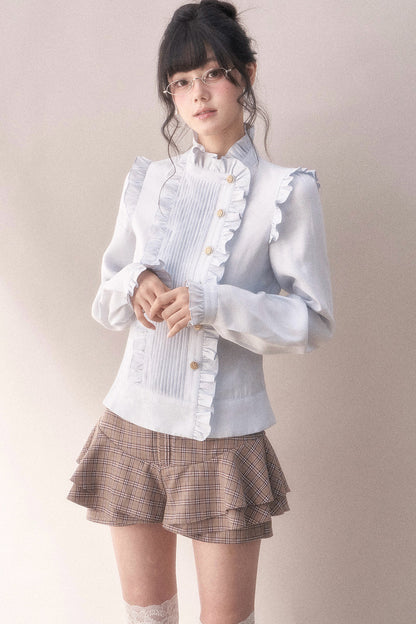 Pleated Lace Ruffle Asymmetrical Long-Sleeved Shirt
