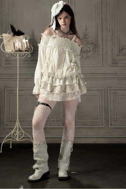 Beige Lace Off-Shoulder Dress
