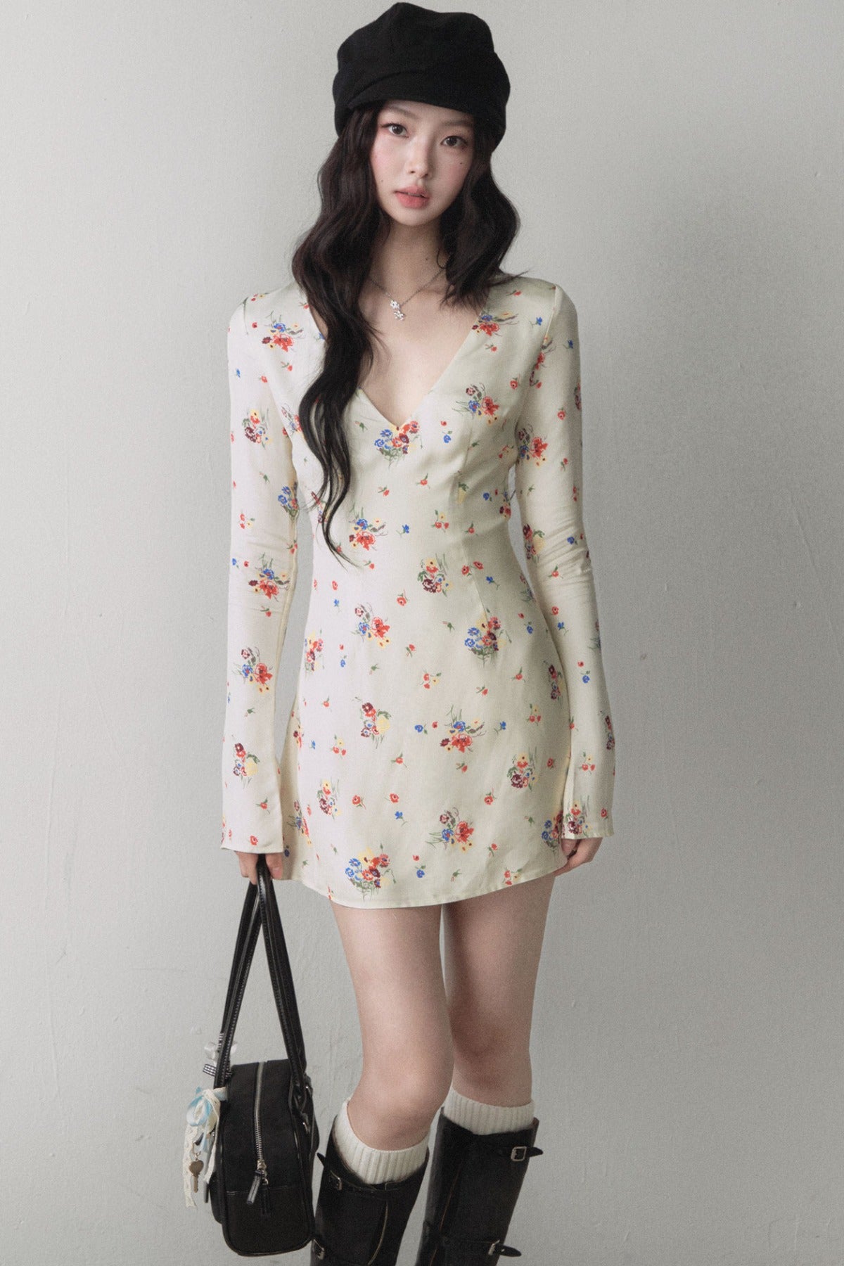 Colorful Floral V Neck A Line Dress