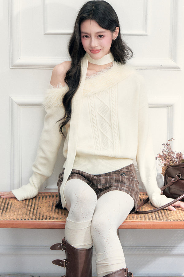 Ribbon Tie Off-Shoulder Cable Knit Sweater