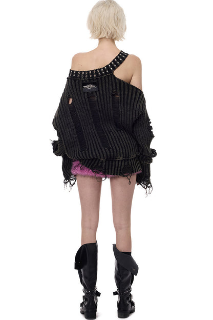 Black Metal Rivet Distressed Sweater
