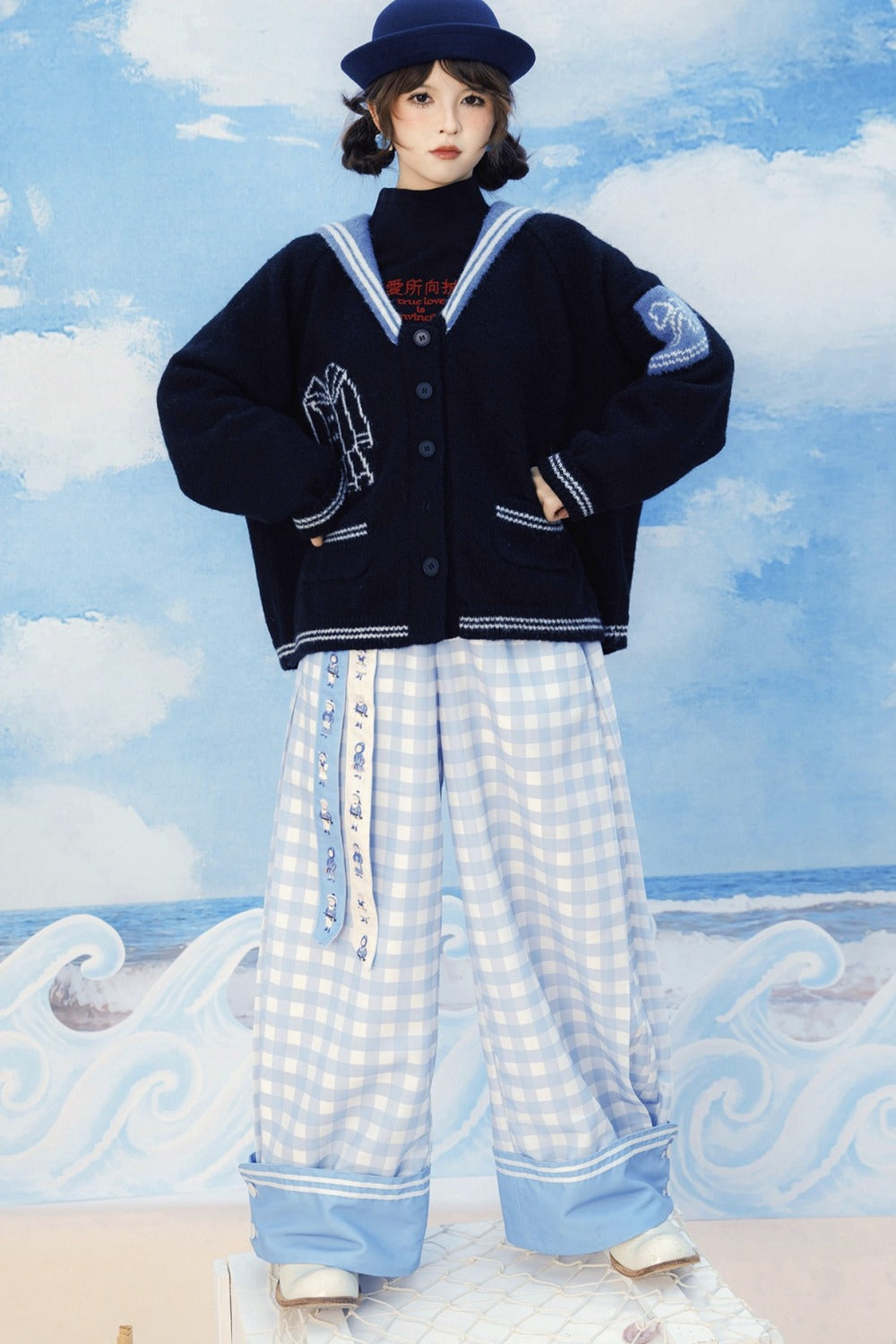Blue And White Plaid Wide-Leg Pants