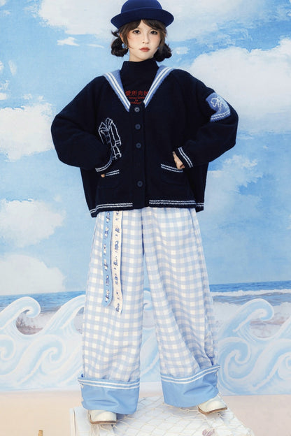 Blue And White Plaid Wide-Leg Pants