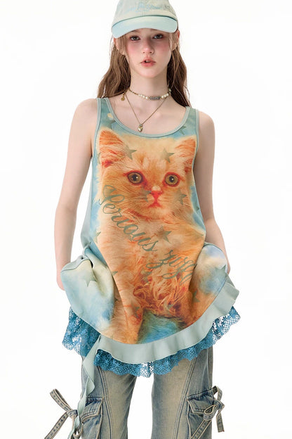 Robe chasuble à imprimé chat et bordure en dentelle
