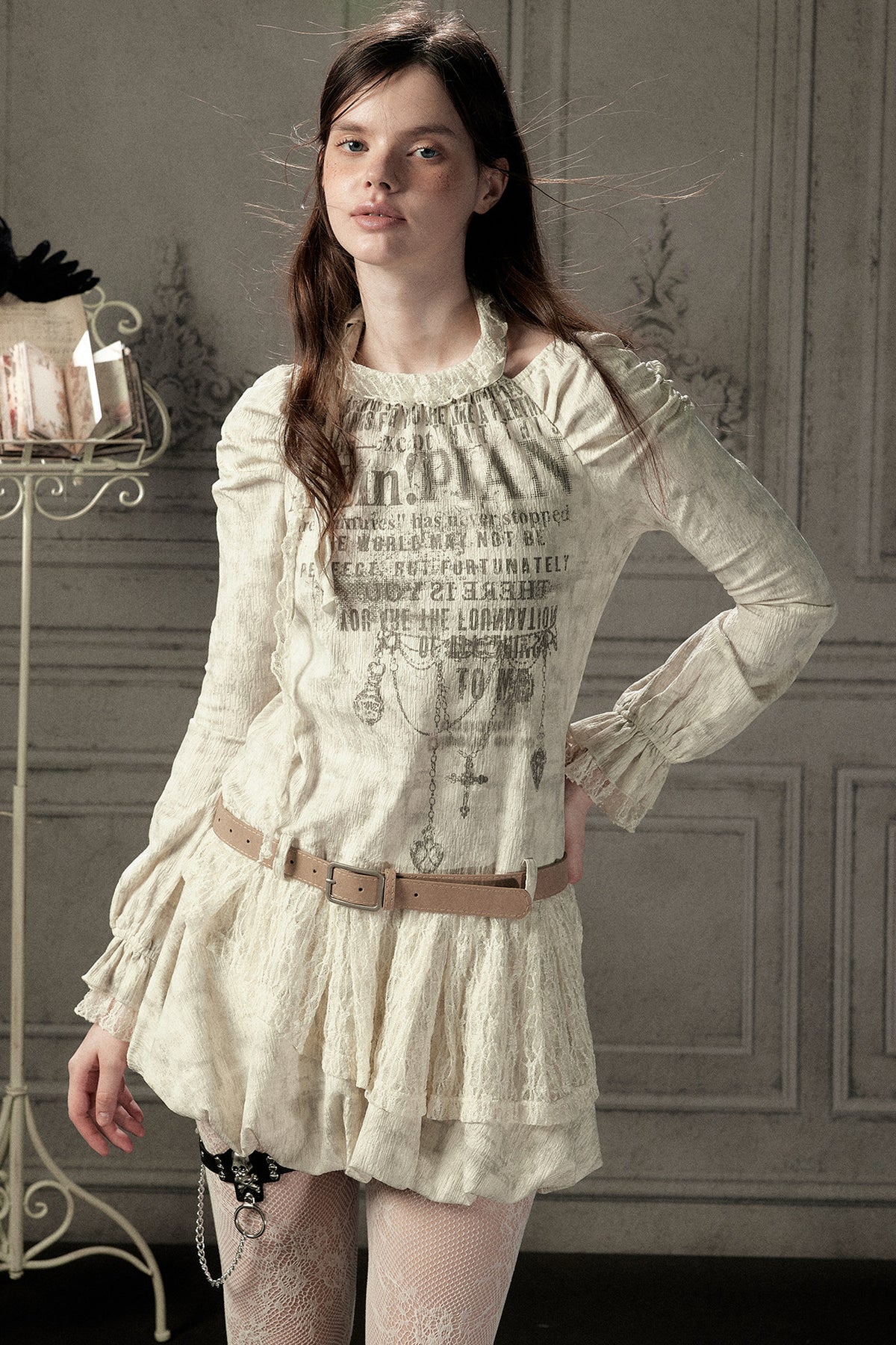 Beige Long Sleeve Halter Dress