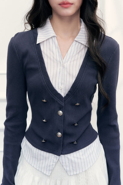 Top in maglia con scollo a V effetto stratificato