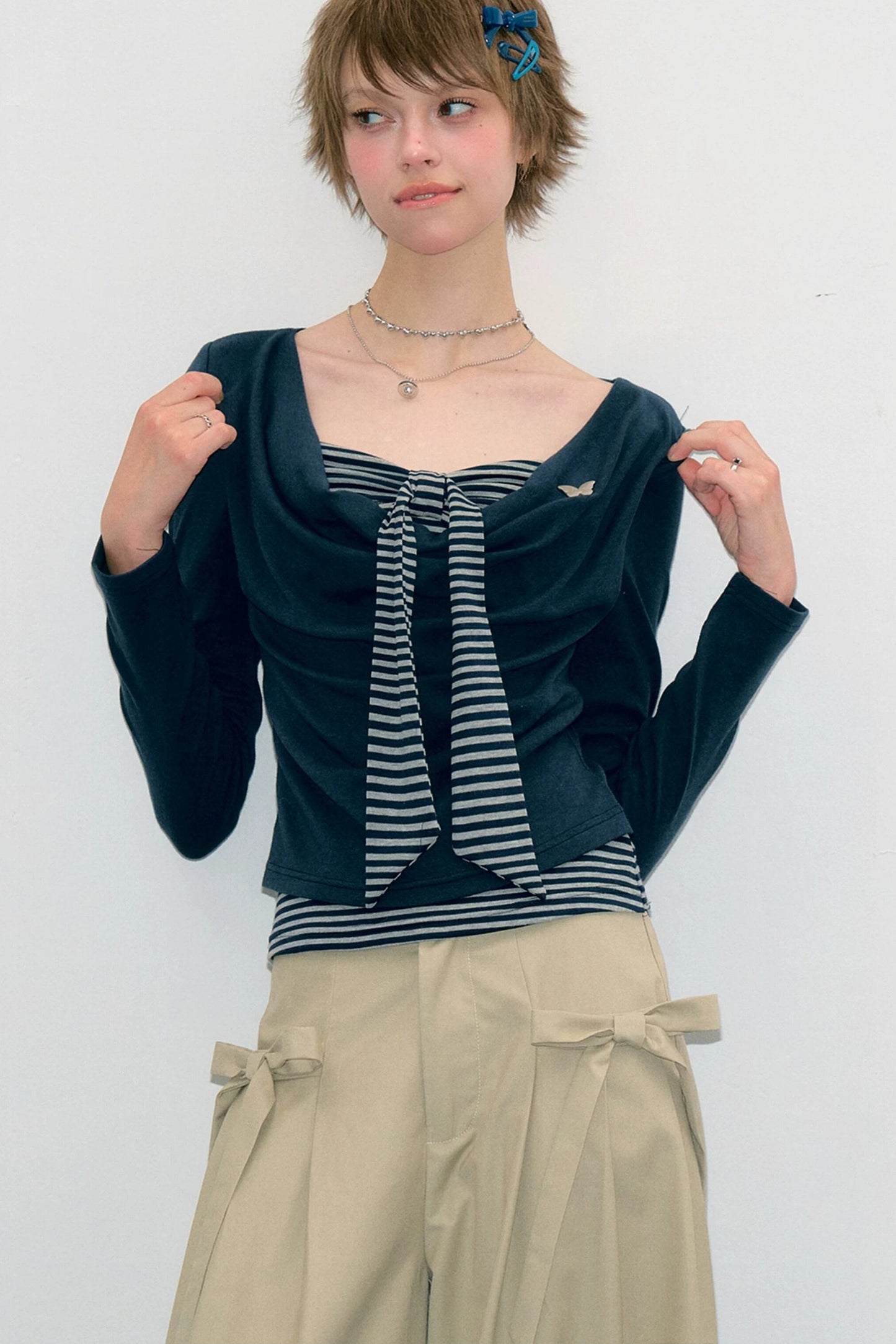 Haut en tricot rayé gris bleu