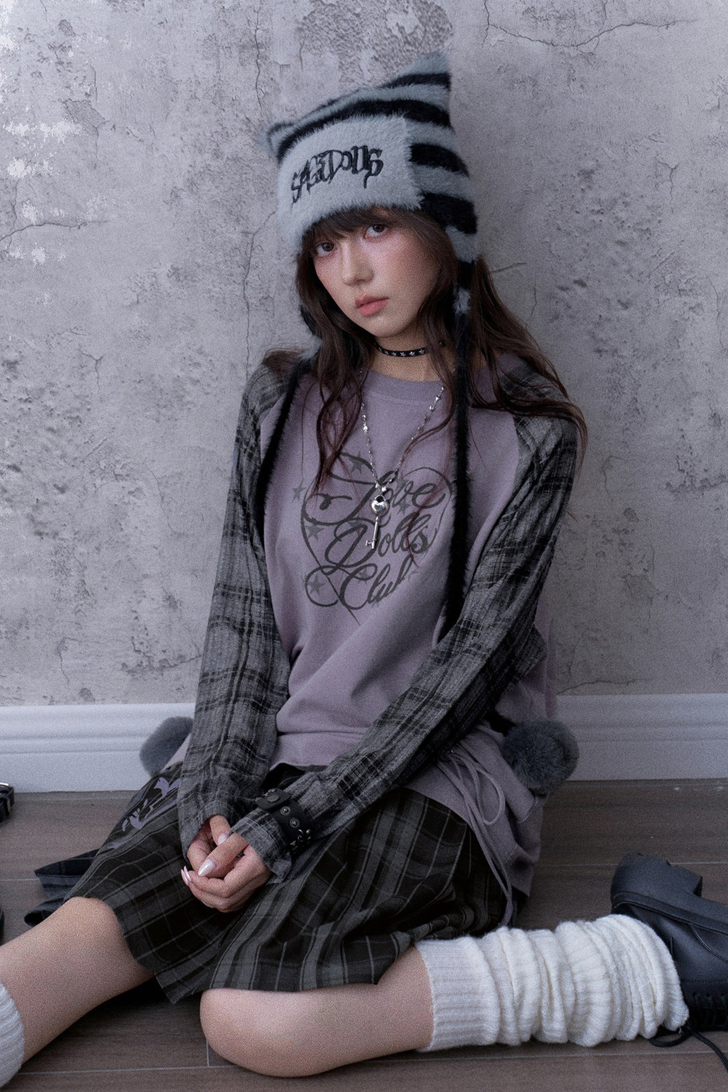 Gray-Purple Printed Raglan Drawstring T-Shirt and Skirt Set-Up