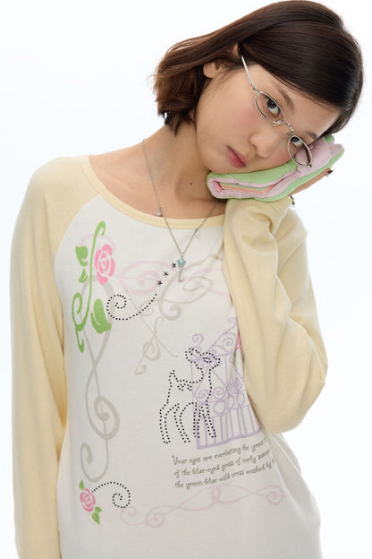 Deer Rose Print Long Sleeve Raglan Tee