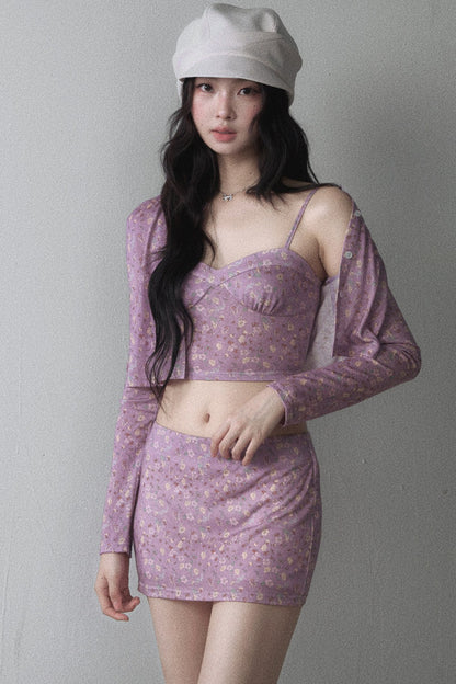 Purple Floral Knit Cardigan and Bodycon Skirt Set-Up