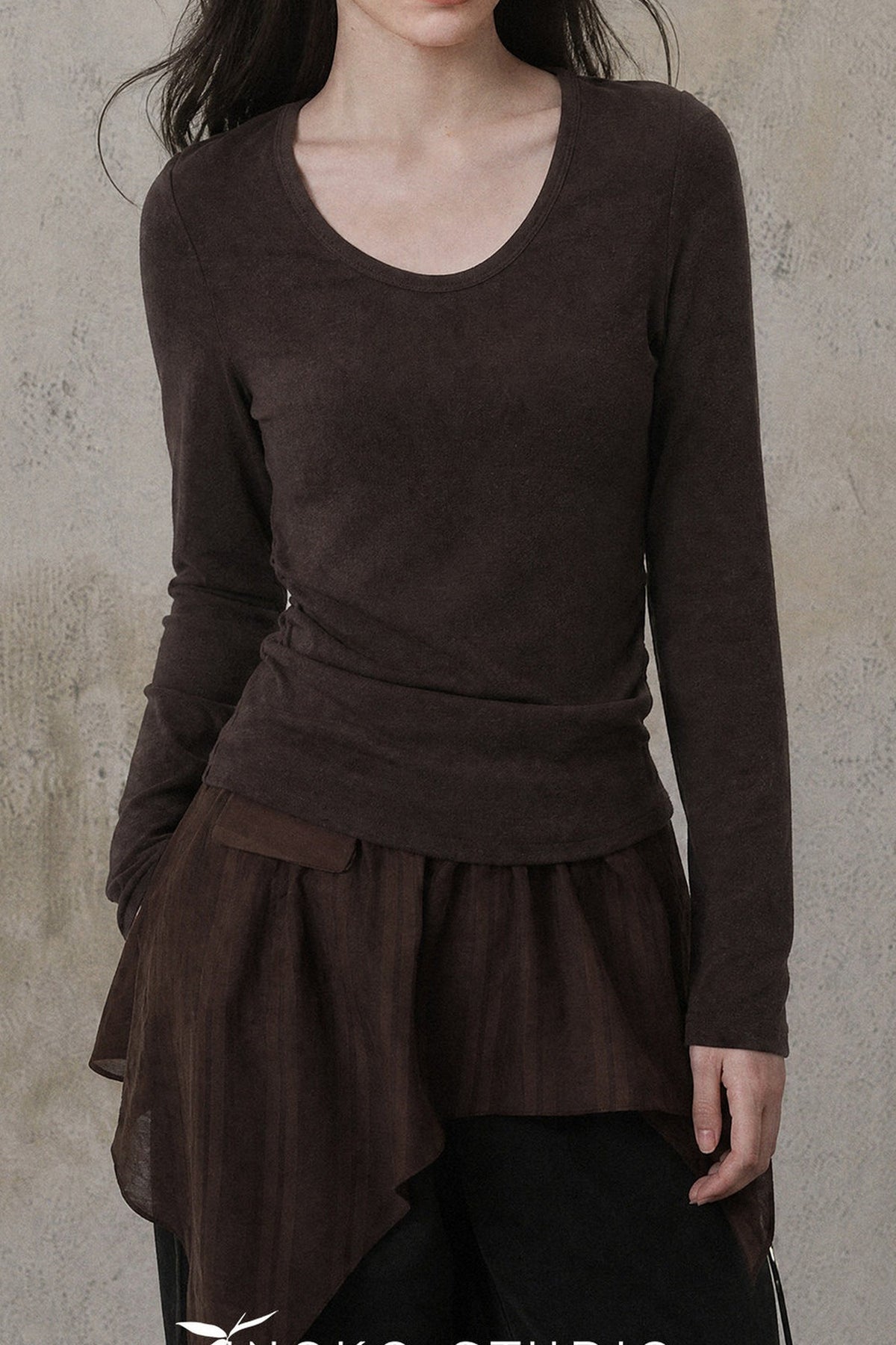 Maroon Ruched Round Neck T-Shirt