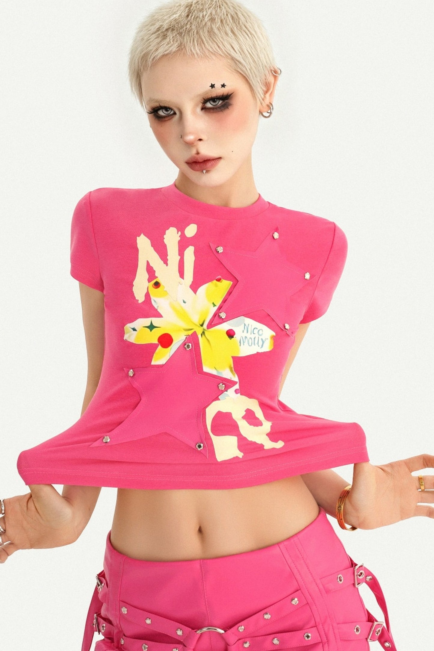 Studded Print Short Sleeve T-Shirt and Skirt Set-Up