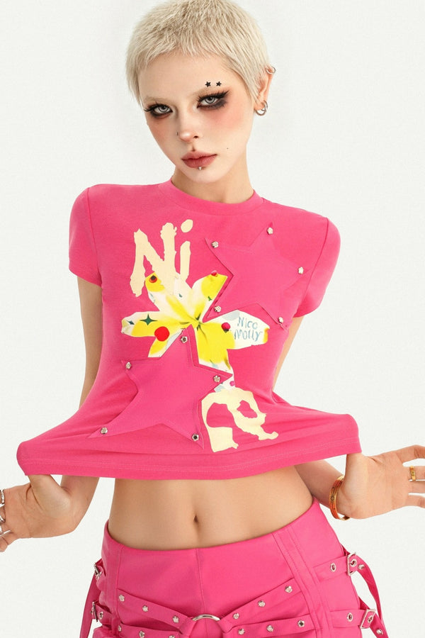 Studded Print Short Sleeve T-Shirt and Skirt Set-Up