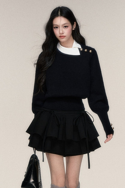 Black White Contrast Knit Top and Skirt Set-Up