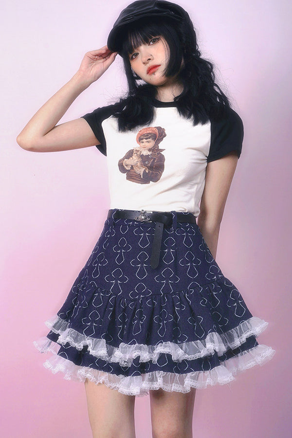 Bear Doll Print Patchwork T-shirt