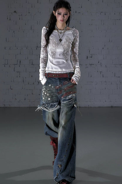 Baroque Flocked Wing Embroidered Blouse