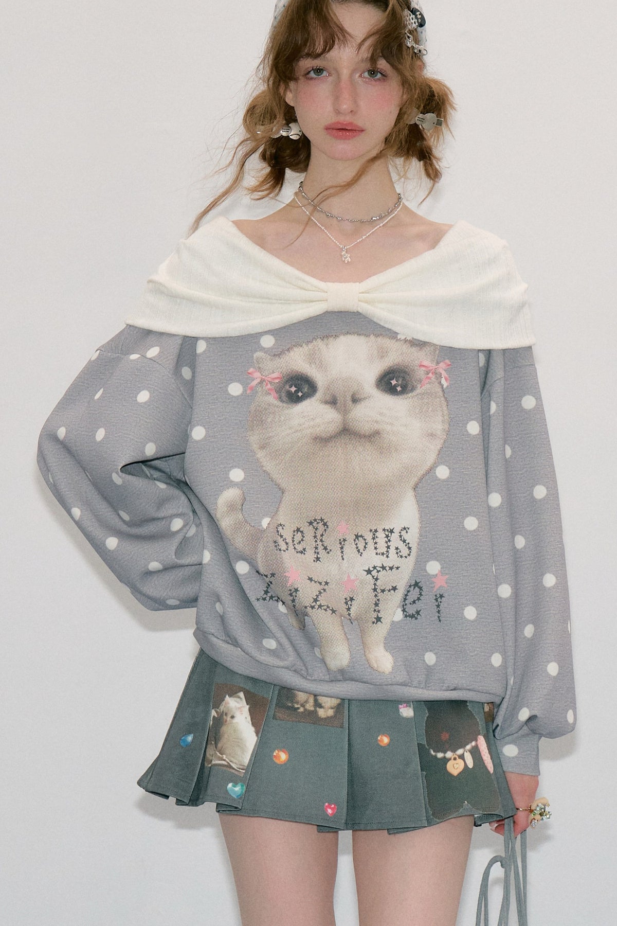 Cat Print Polka Dot Sweatshirt