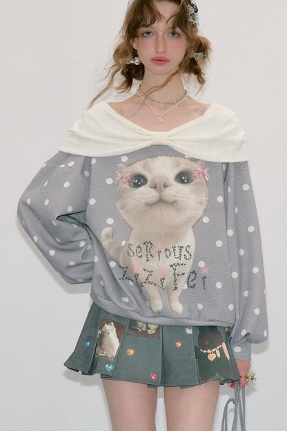 Cat Print Polka Dot Sweatshirt