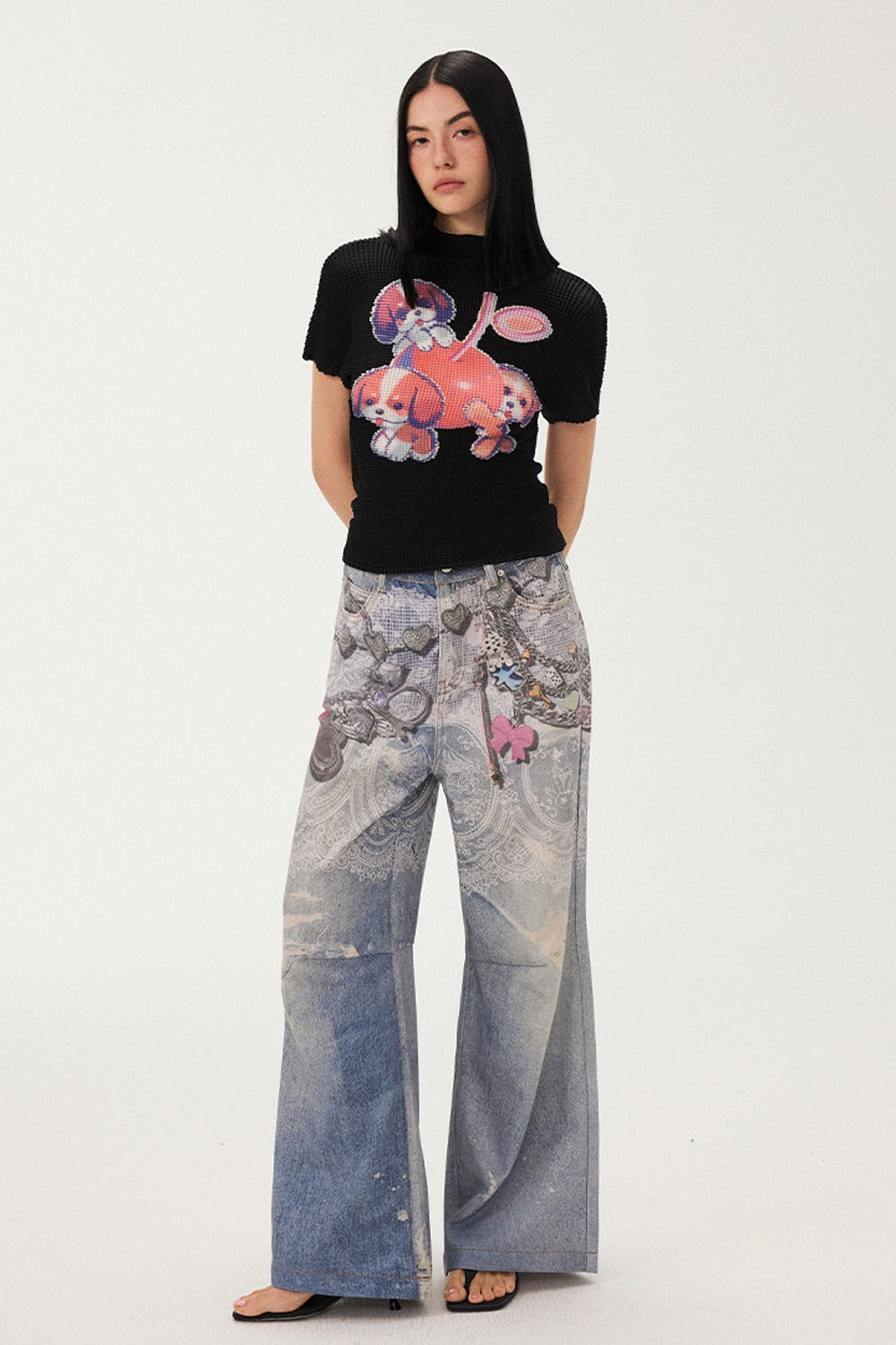 Blue Chain Detail Wide-Leg Straight Denim Pants