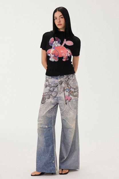Blue Chain Detail Wide-Leg Straight Denim Pants
