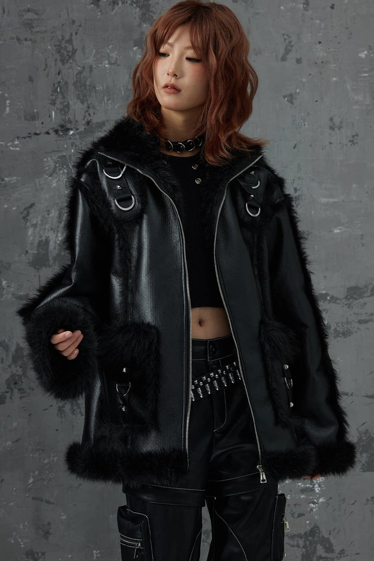 Dark Punk Metal Leather Fur Jacket