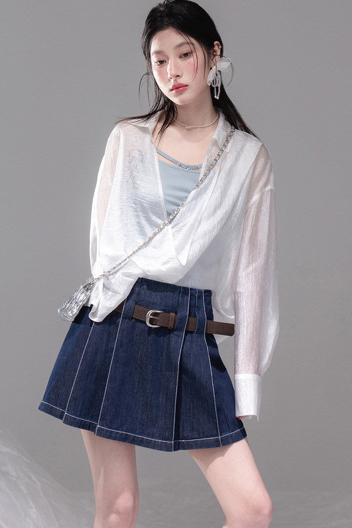 Night Blue Pleated Denim Skirt