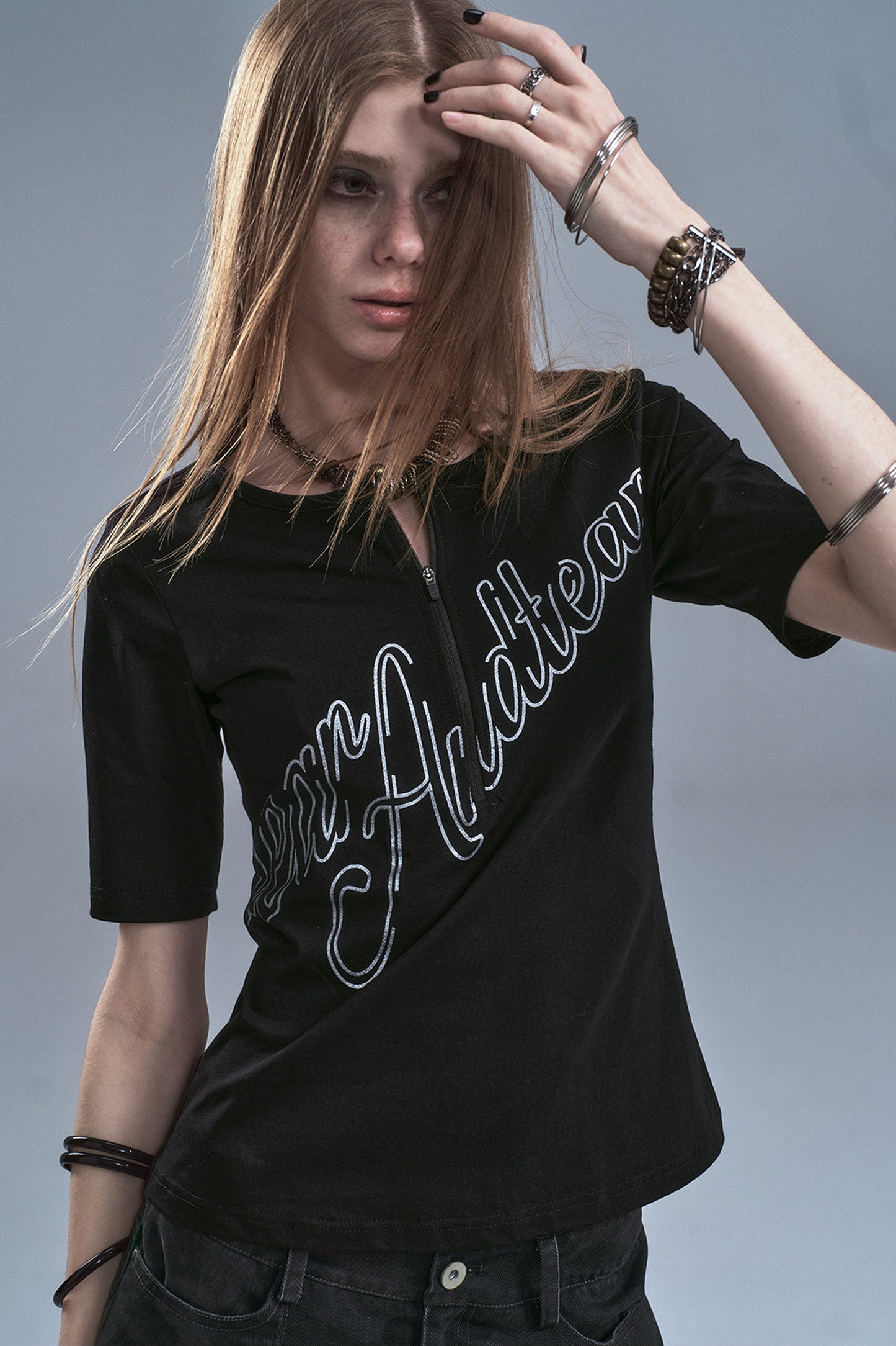 Half-Zip Silver Letter Print T-Shirt