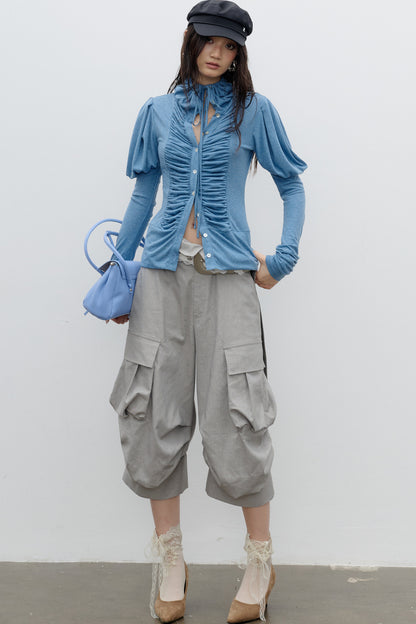 Pleated High-Neck Knit Base Layer Top