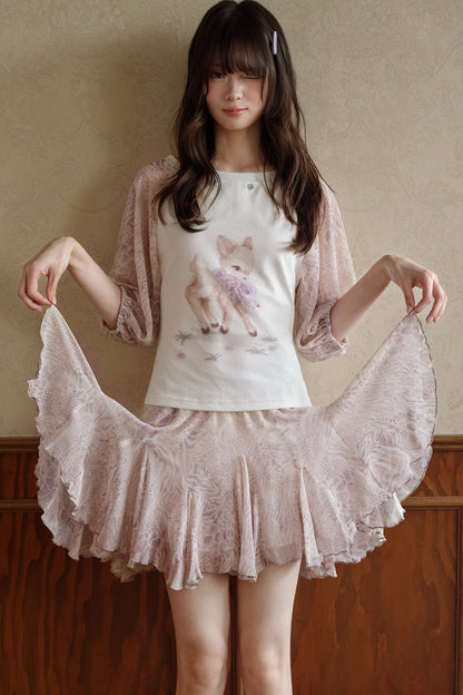 Deer Print T-Shirt and Chiffon Skirt Set-Up