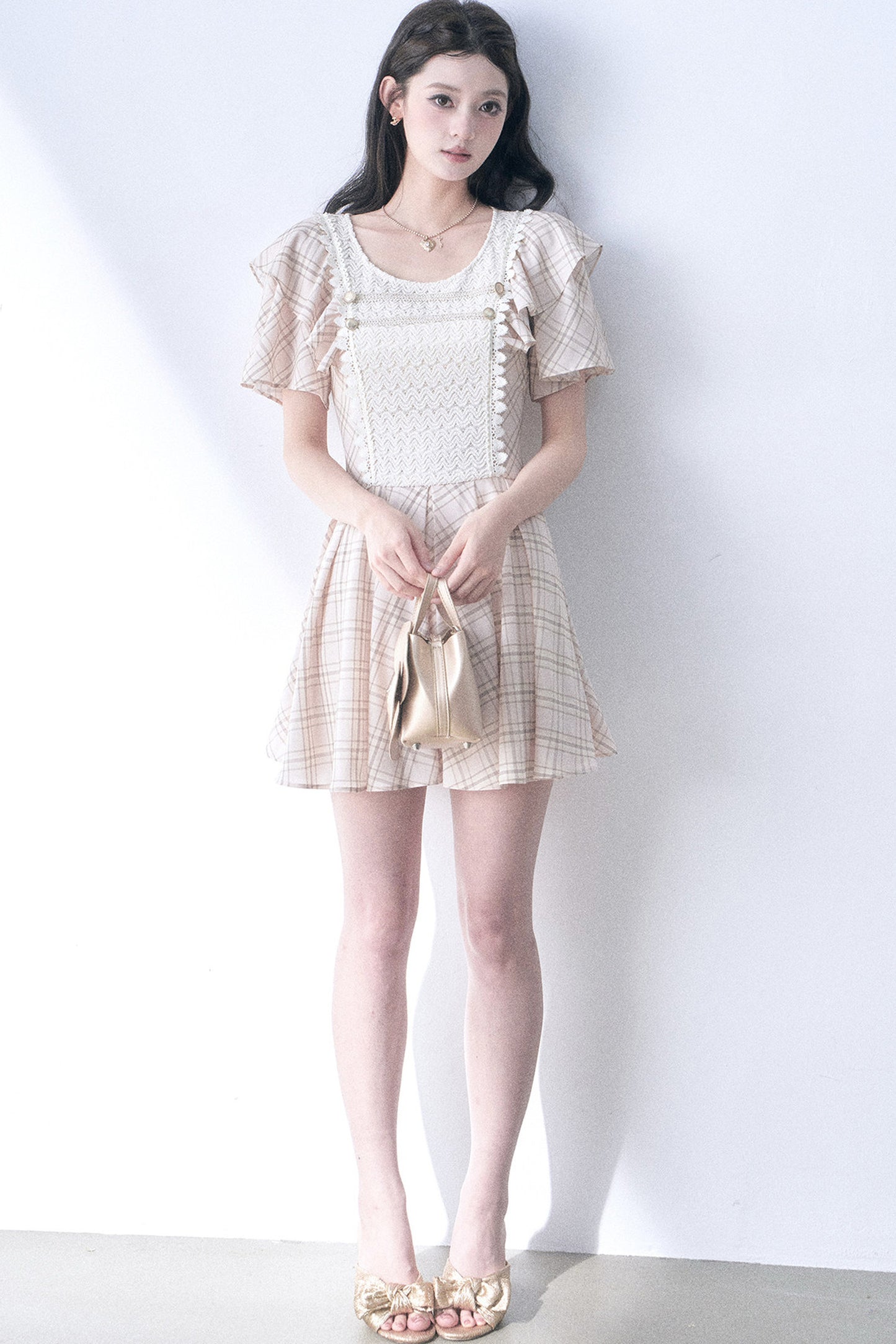 Knitted Patchwork Plaid Flutter-Sleeve Dress