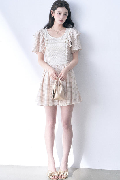 Knitted Patchwork Plaid Flutter-Sleeve Dress