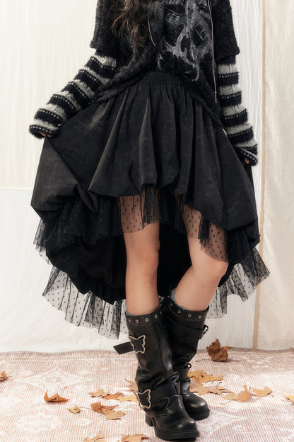 Black Asymmetrical Lace Splicing Polka Dot Skirt