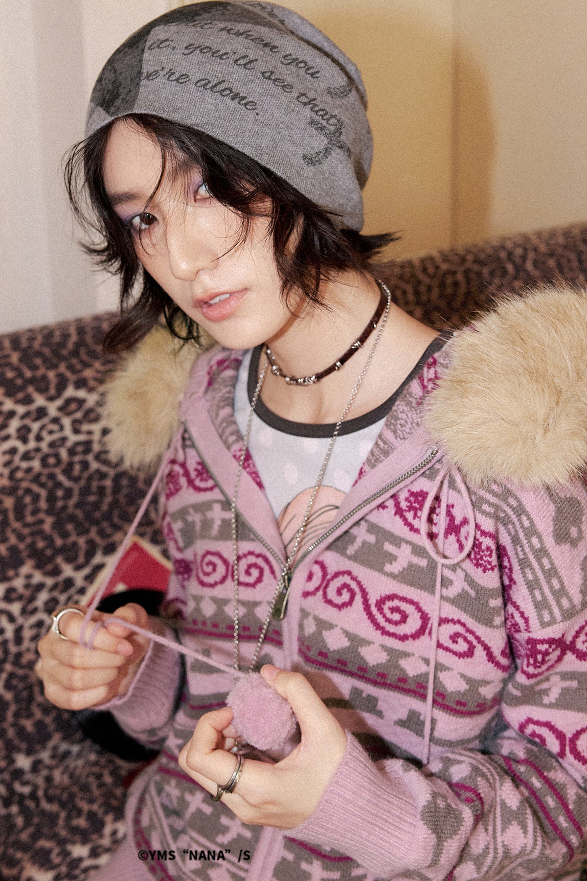 Detachable Fur Collar Fair Isle Hooded Cardigan