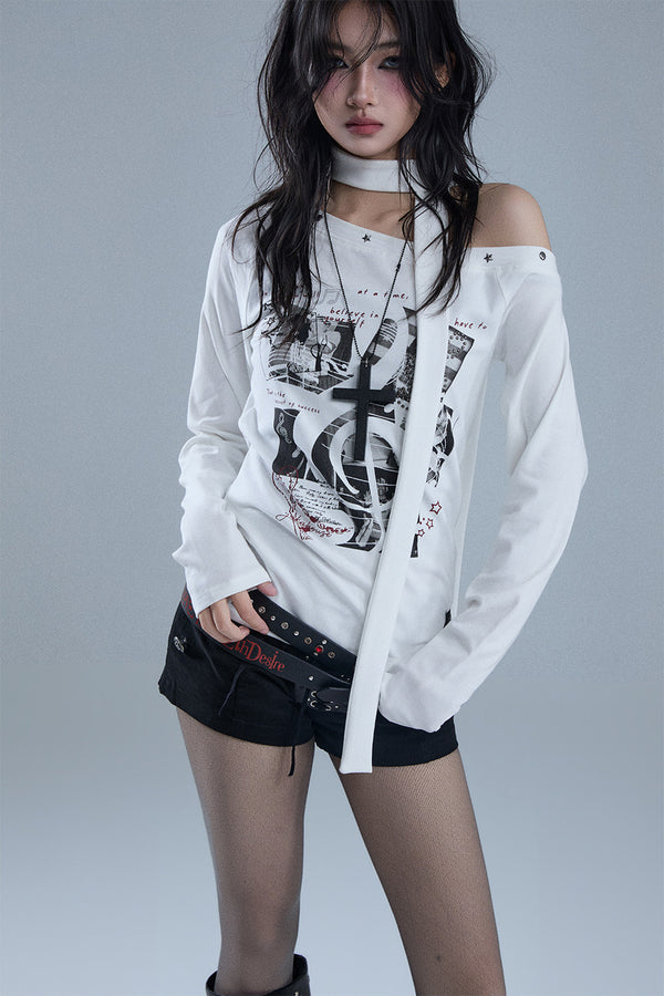 White Off-Shoulder Graphic Long-Sleeve T-Shirt