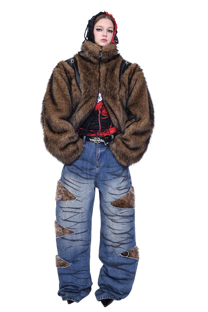 Leopard Fur Patched Loose Denim Jeans