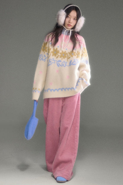 Retro Fair Isle Floral Jacquard Wool Sweater